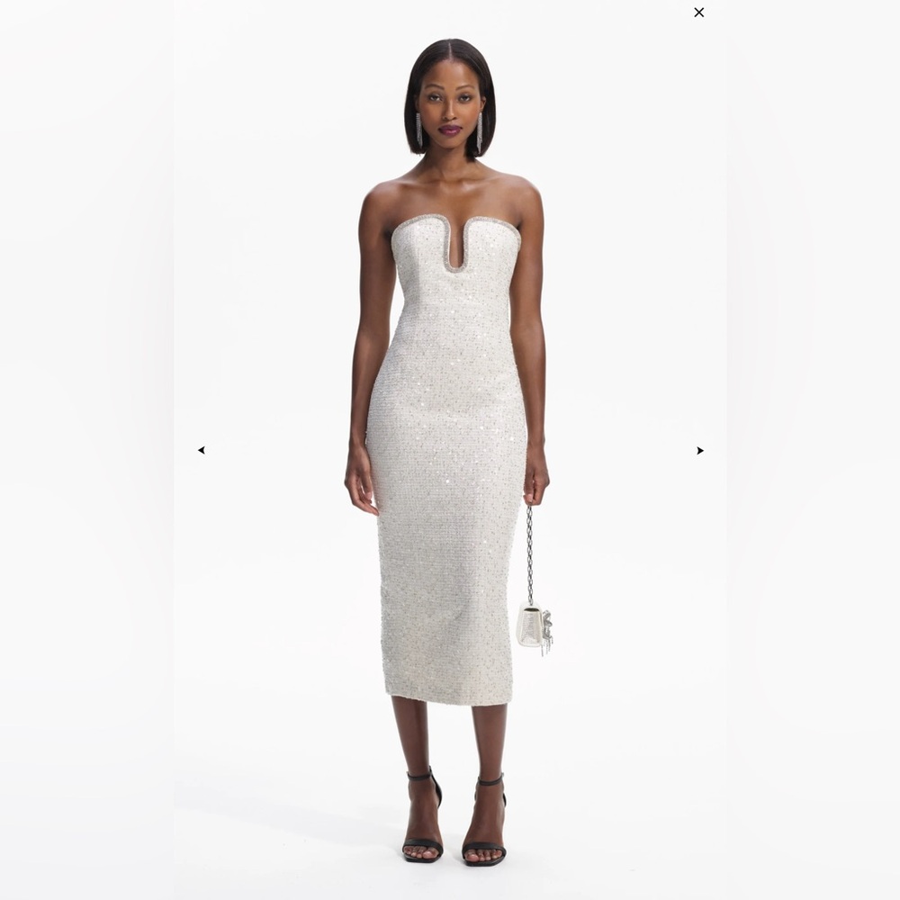 Self-Portrait Cream Sequin Boucle Strapless Midi Dress - sold out online!